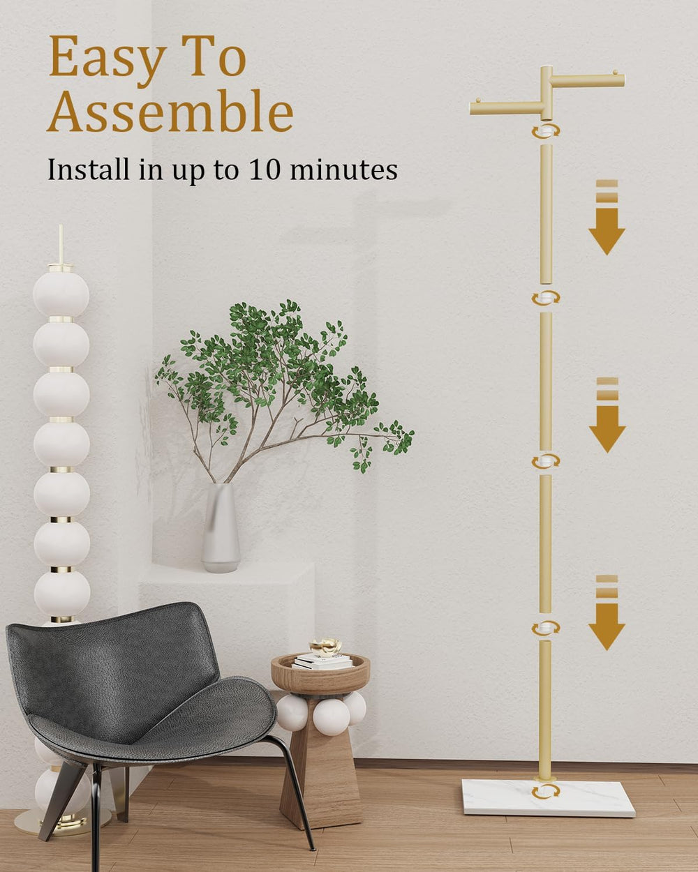 Modern Garment Rack,Z-Shaped Coat Stand with Rock Base,68.9in,Gold