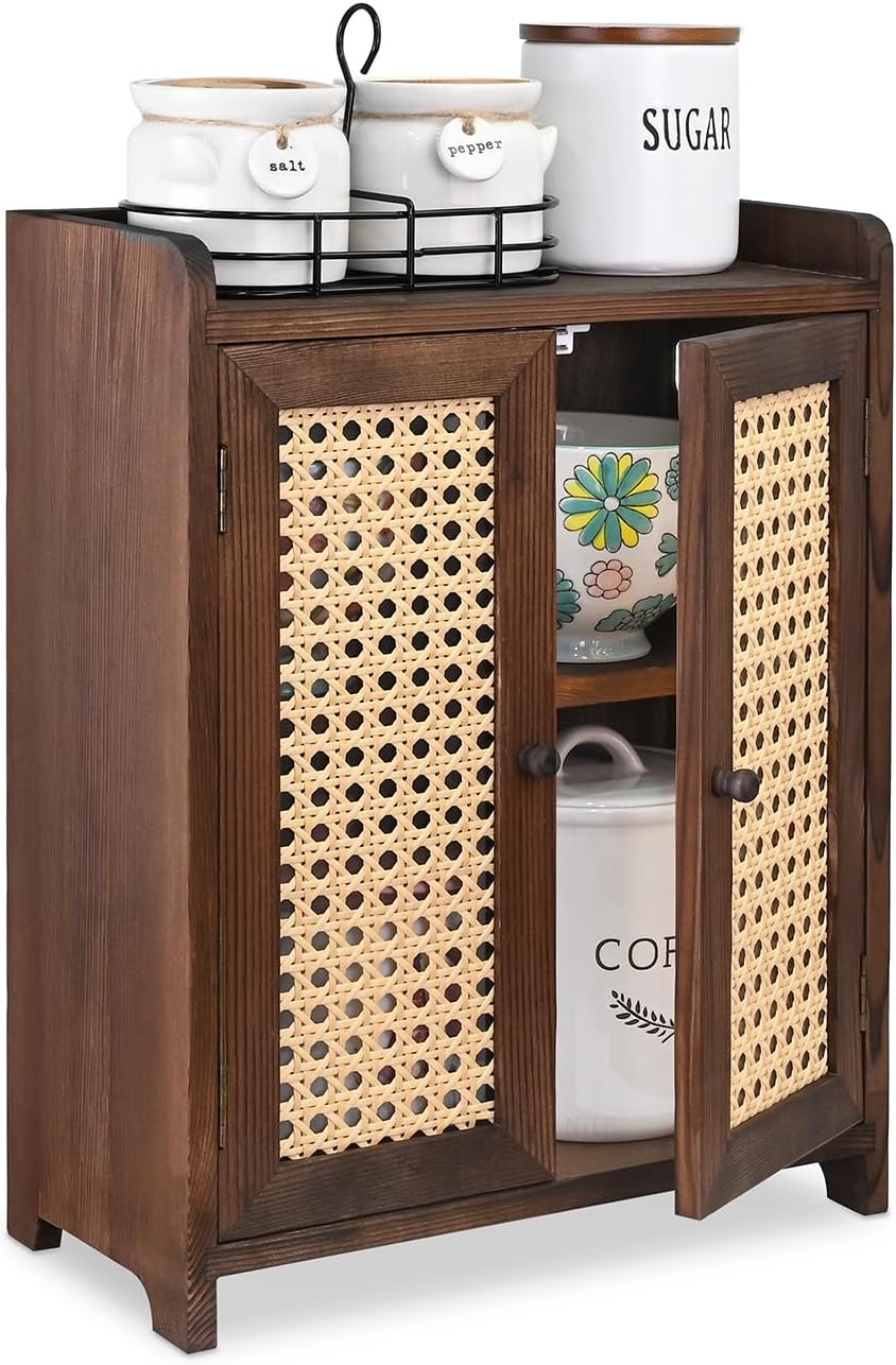 Ikee Design Wood Storage Cabinet with Rattan Doors, with Removable Shelves