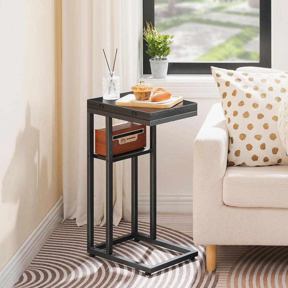 HOOBRO Foldable C Shaped End Table, C Shaped Side Table with Storage Shelf