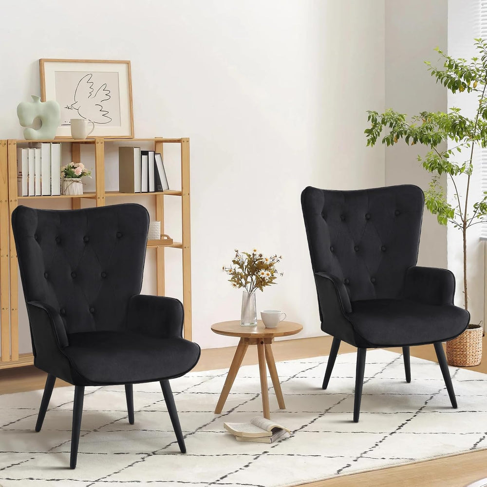 Furnimart Accent Chairs Set of 2, Black Velvet Reading Armchairs with High Ba...