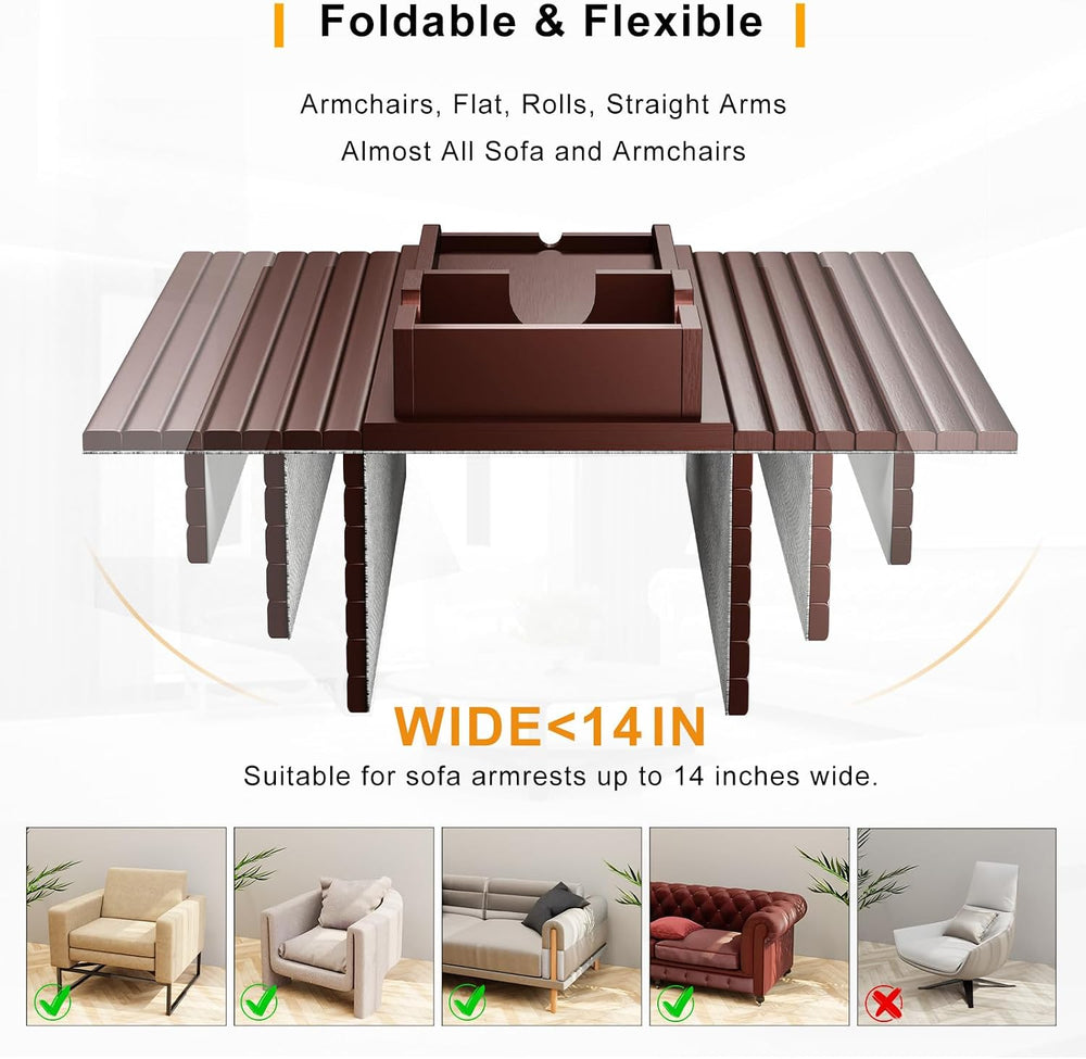 Bestjing Bamboo Couch Armrest Table with Detachable Cup Holder Tray(Walnut)