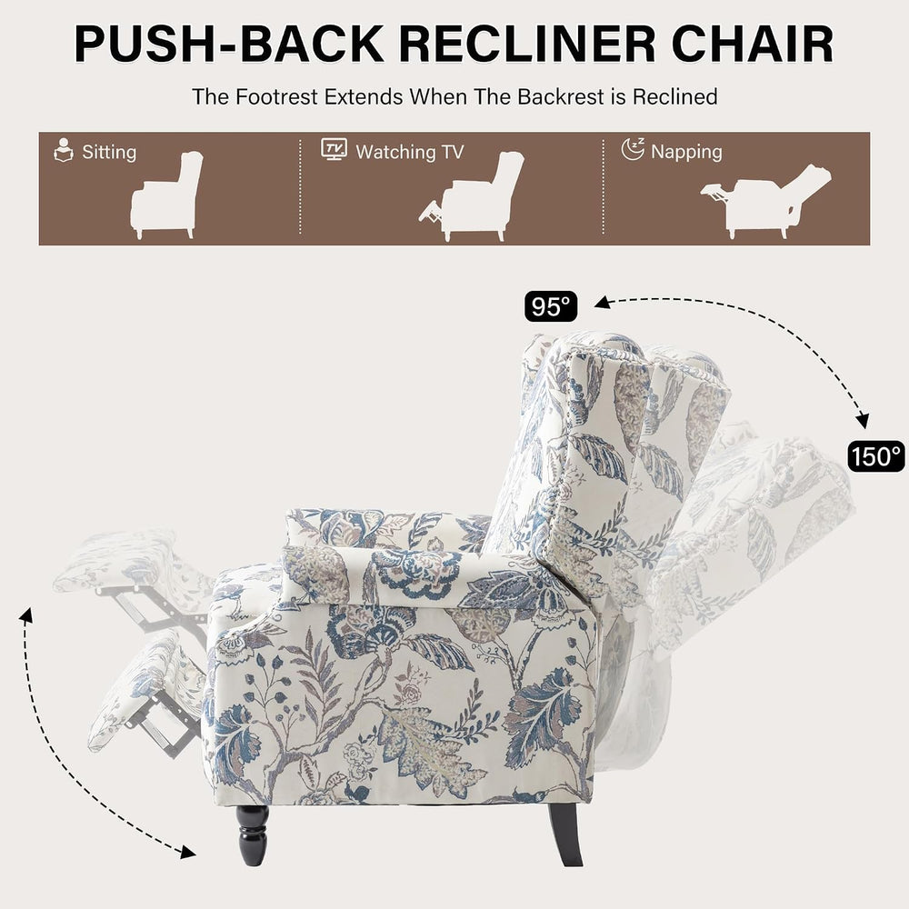Floral Pushback Recliner Chairs Set of 2, Fabric Armchair, Blue Plant