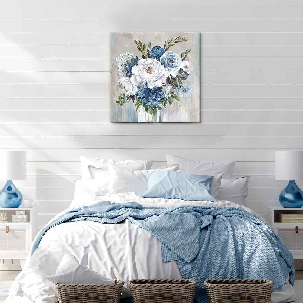 Goldfoilart Blue Flower Wall Art for Living Room White Floral Canvas Pictures...