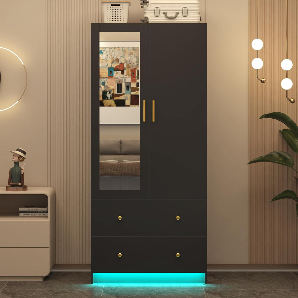 jiteentarou 2 Door Wardrobe Closet with Mirrors and LED Lights, Small Bedroom...