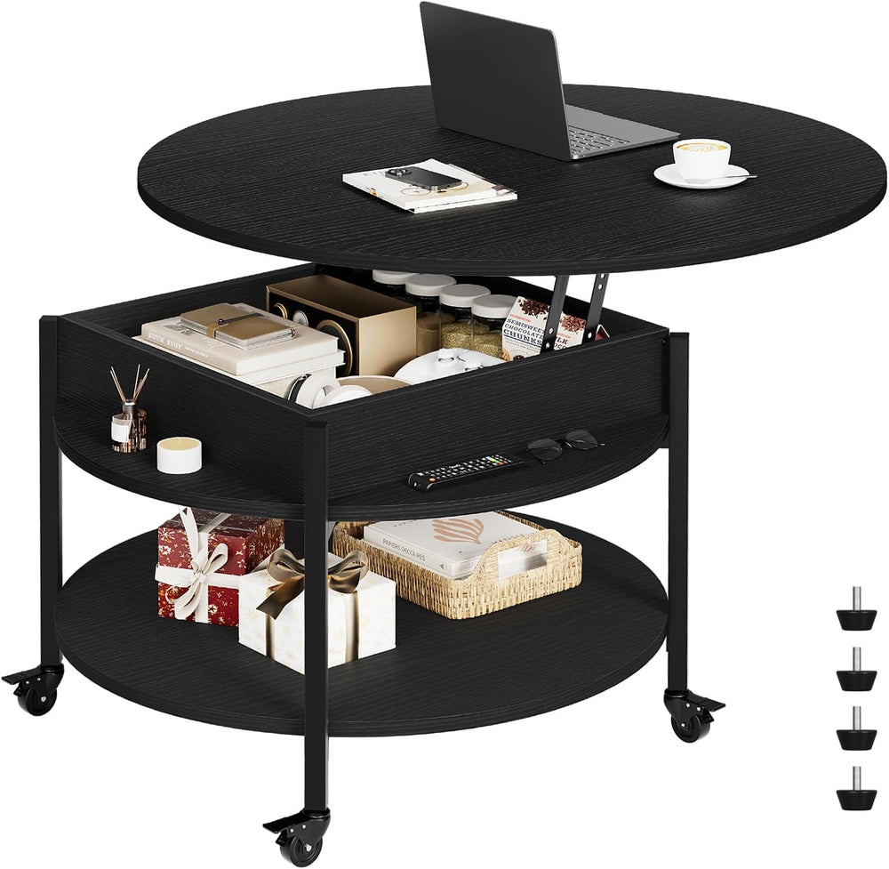 FABATO Small Round Lift Top Coffee Table with Wheels and Storage, Black
