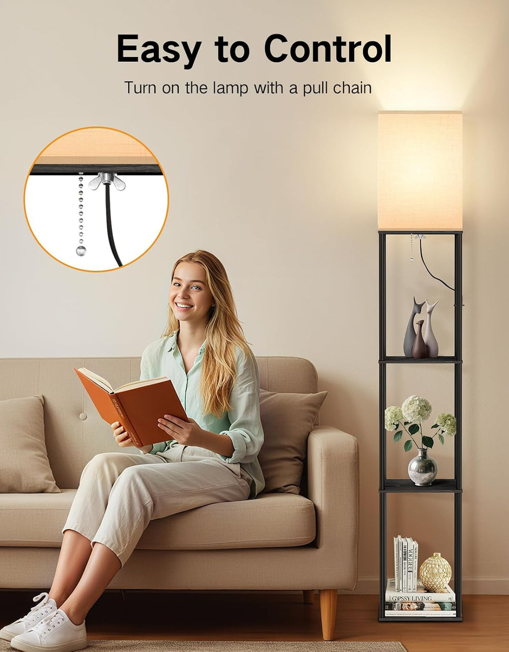 OUTON Floor Lamp with Shelves, Modern Square Standing Shelf Lamp, Black