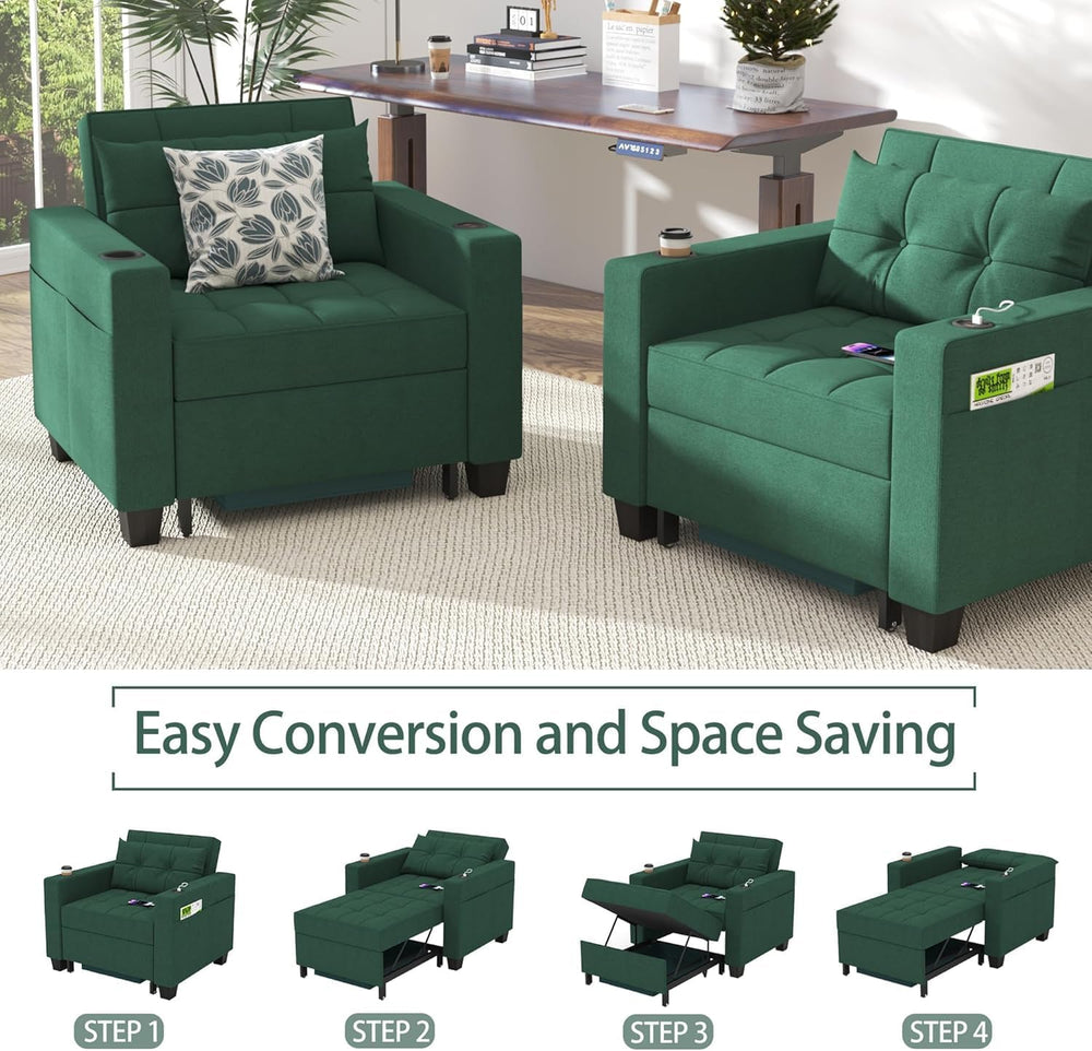 36" 3-in-1 Sleeper Chair, Convertible Pull Out Sofa Bed, Green Linen