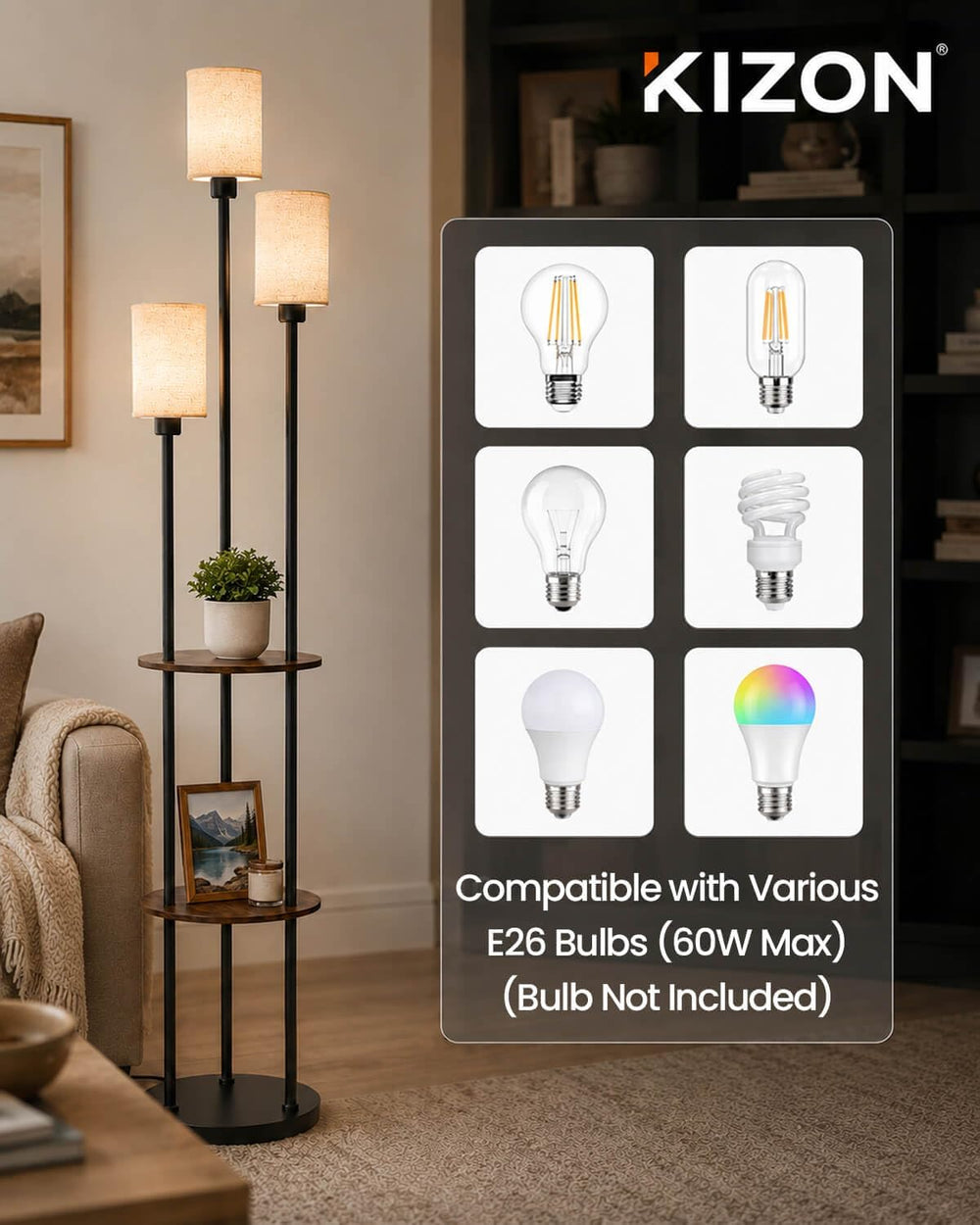 KIZON 71" Floor Lamp with Shelves, 3-Tier Standing Light, Black and Beige