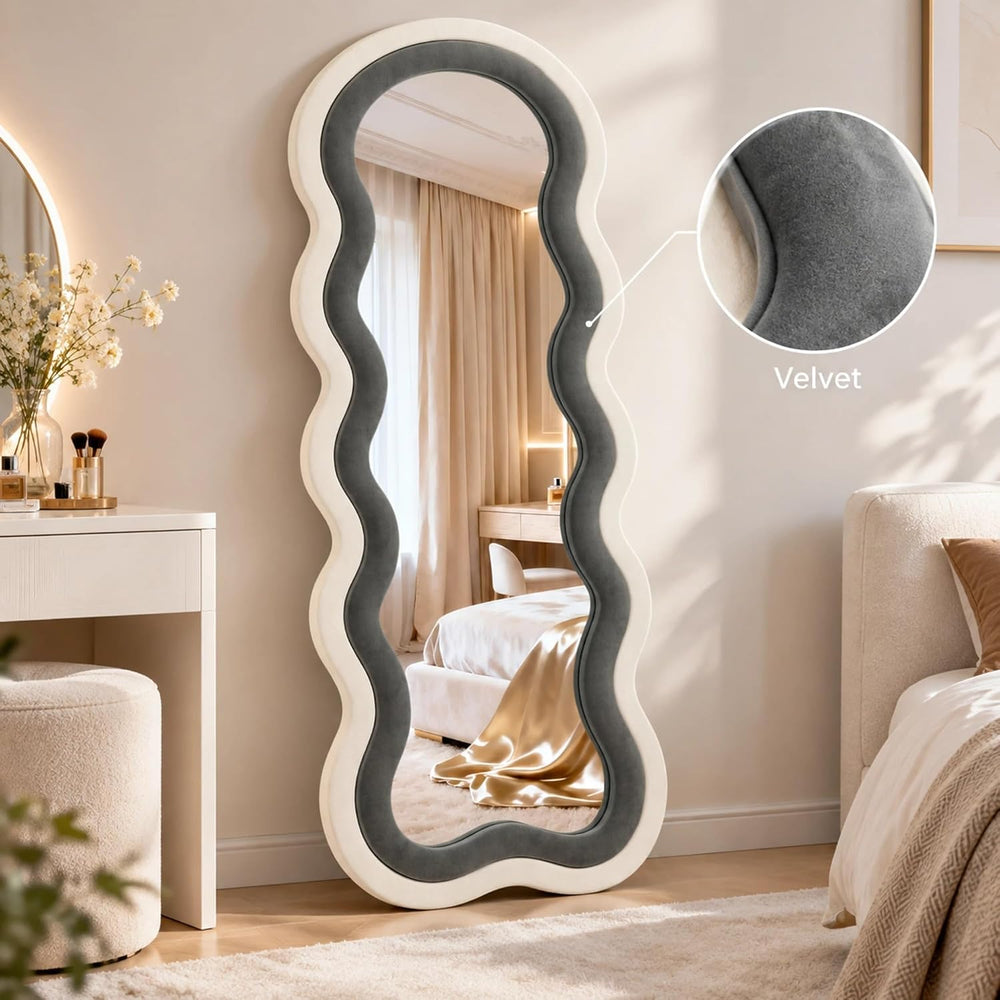 Wavy Full Length Mirror 63"x24", Black and White Velvet Frame