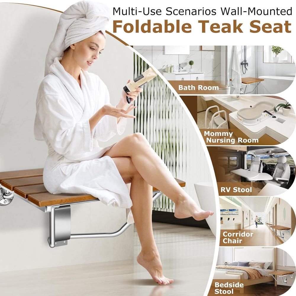 20" Wall Mounted Folding Shower Seat Stainless Steel Frame Space Saving