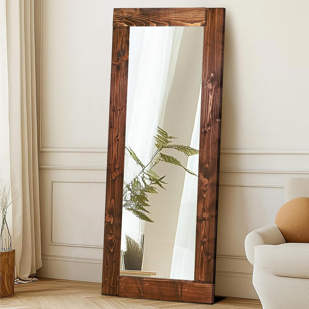 58x24in Full Length Mirror, Solid Wood Convex Frame, Brown