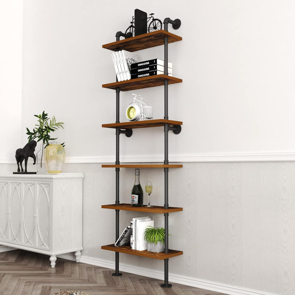 HOMEKAYT Industrial Pipe Shelf Rustic Wood Wall Shelf Ladder Bookshelf Wall M...