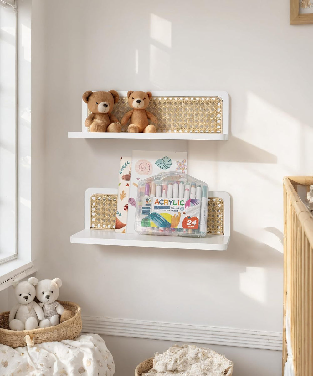 White Rattan Wall Shelf, Boho Floating Shelves, 16 Inch