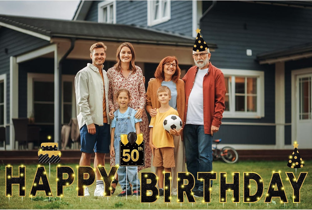 Yerliker 16 Pcs Black Happy Birthday Yard Signs with Stakes, 32.8 ft LED Ligh...