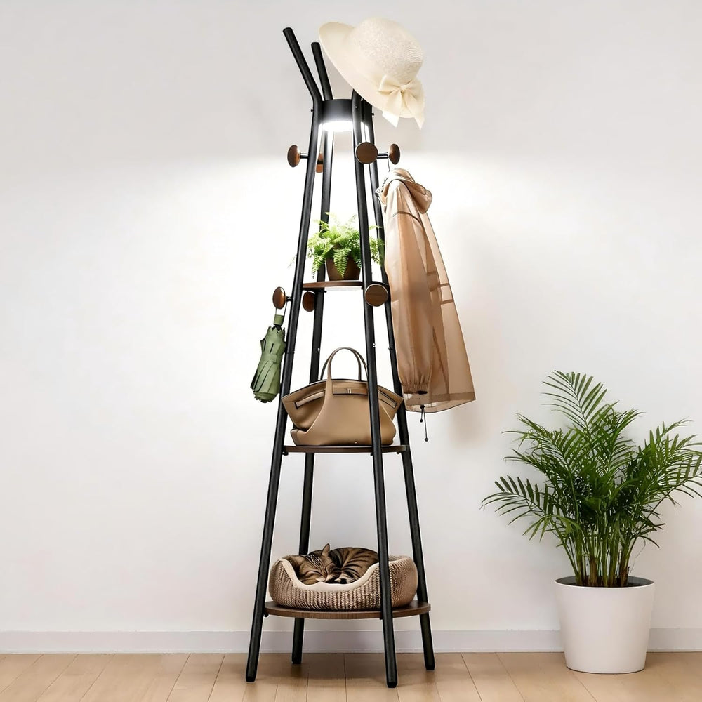 young master Freestanding Coat Rack with Light, 12 Hooks & 3 Wood Shelves...