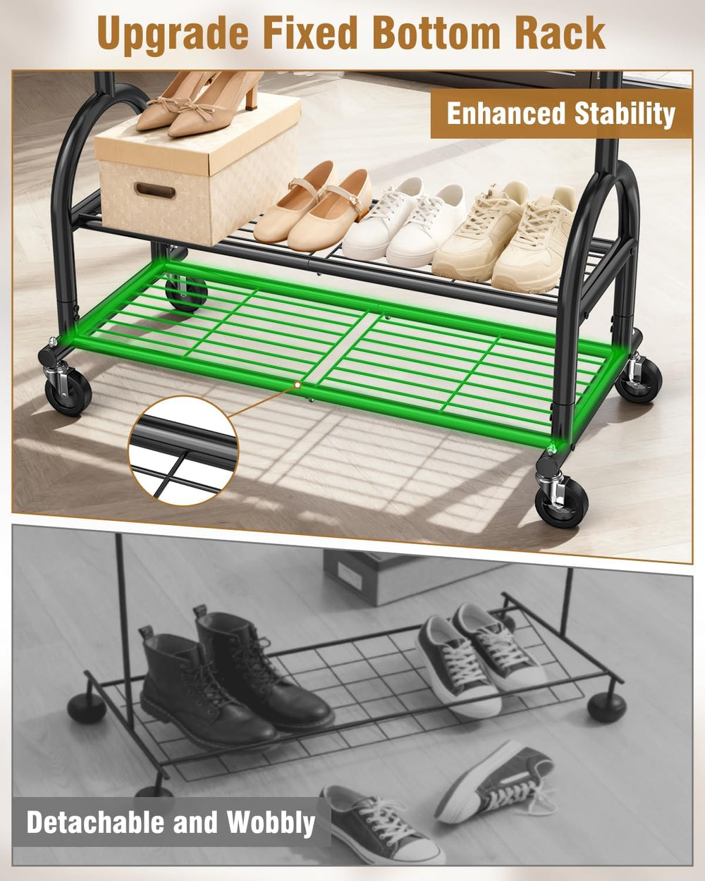 EAGMAK Rolling Clothes Rack Heavy Duty Clothing Racks with 2 Shelves, Black
