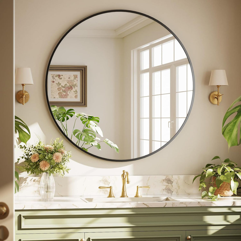 XRAMFY 40 Inch Round Mirror - Black Circle Mirrors for Bathroom, Entryway
