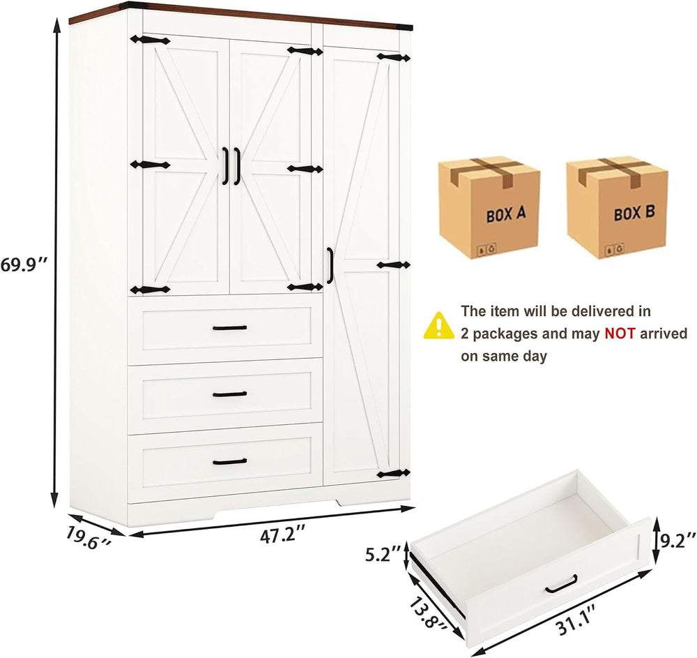 70" Tall Wardrobe Closet with 3 Doors & 3 Drawers, Farmhouse Armoire...