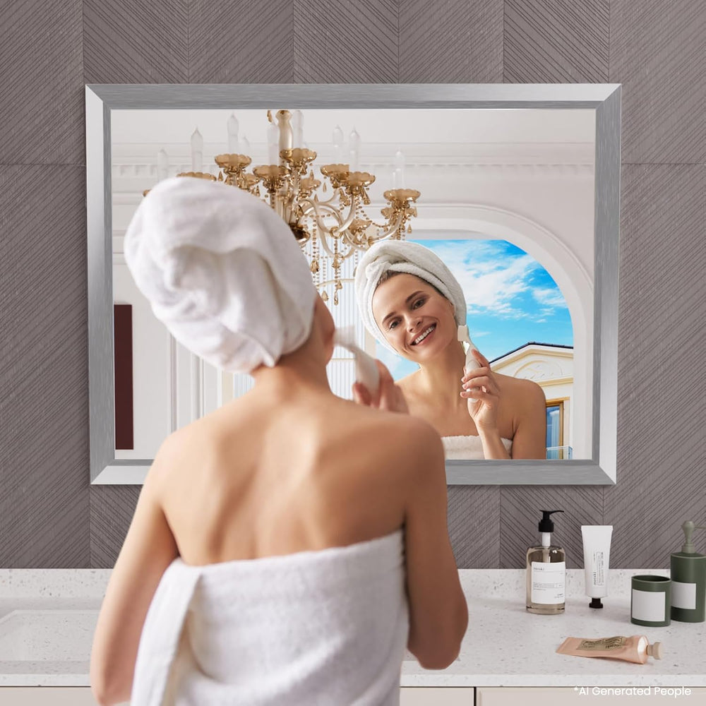 Amorho Bathroom Mirror for Wall 48x36 Inch, Brushed Silver Metal Framed