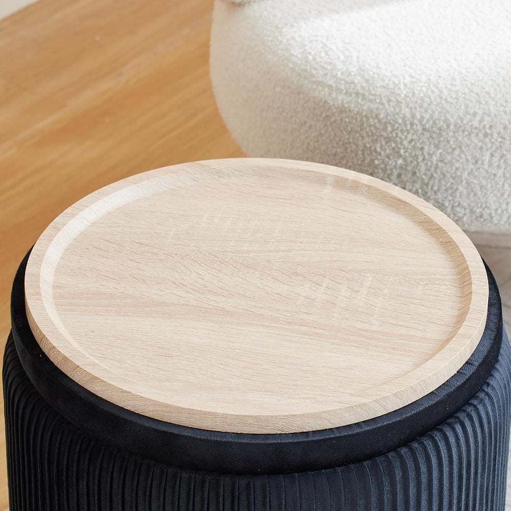 BLEXA Round Storage Ottoman, Set of 2, Velvet Vanity Stool, Black