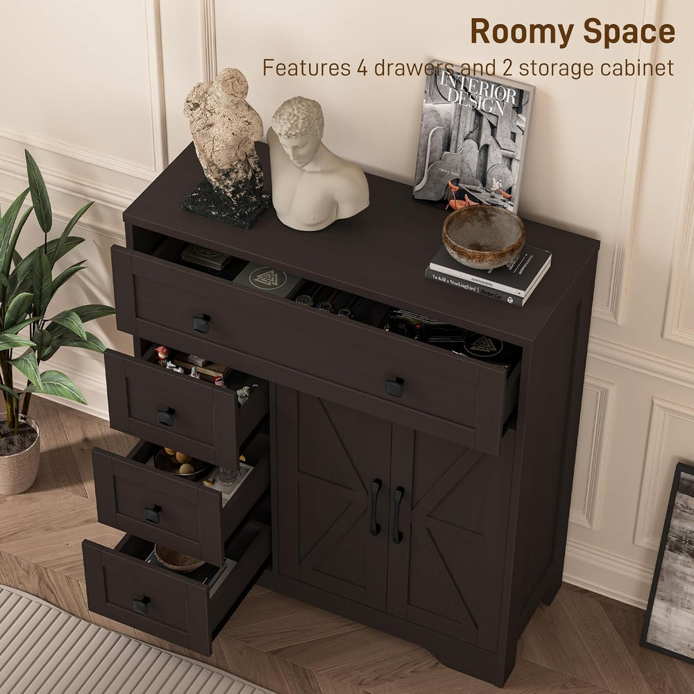 Vabches Farmhouse Storage Cabinet with 2 Doors and 4 Drawers, Espresso
