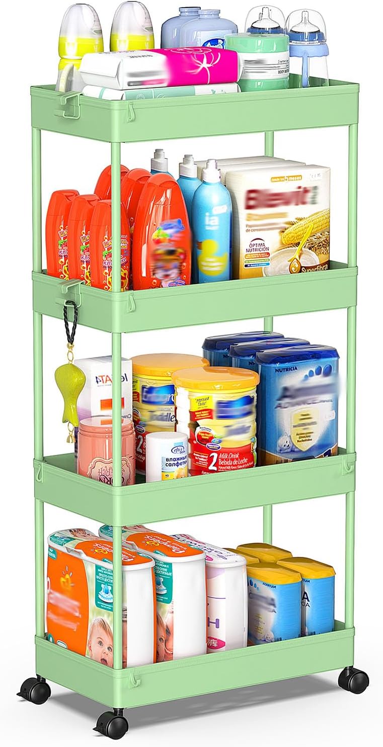 SPACEKEEPER 4 Tier Rolling Cart, Bathroom Cart Organizer with Wheels, Green