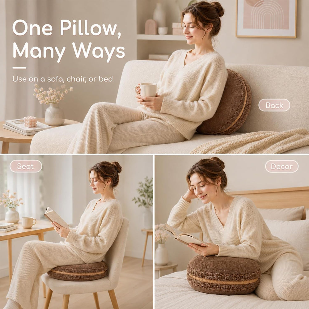 Macaron Throw Pillow Food Plush - Cookie Fun Round Seat Cushion Chocolate