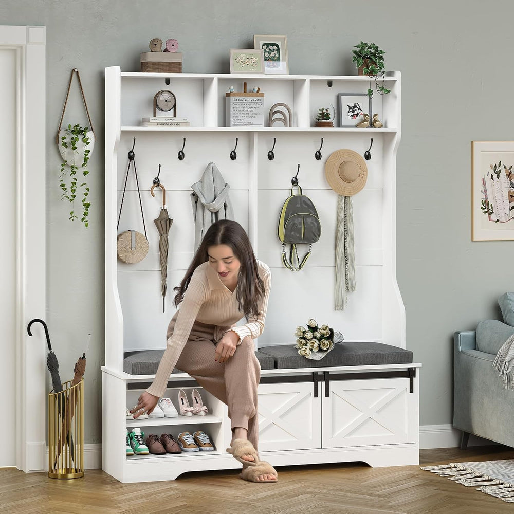 UPOSOJA Hall Tree with Bench and Shoe Storage, Entryway Bench with Coat Rack,...