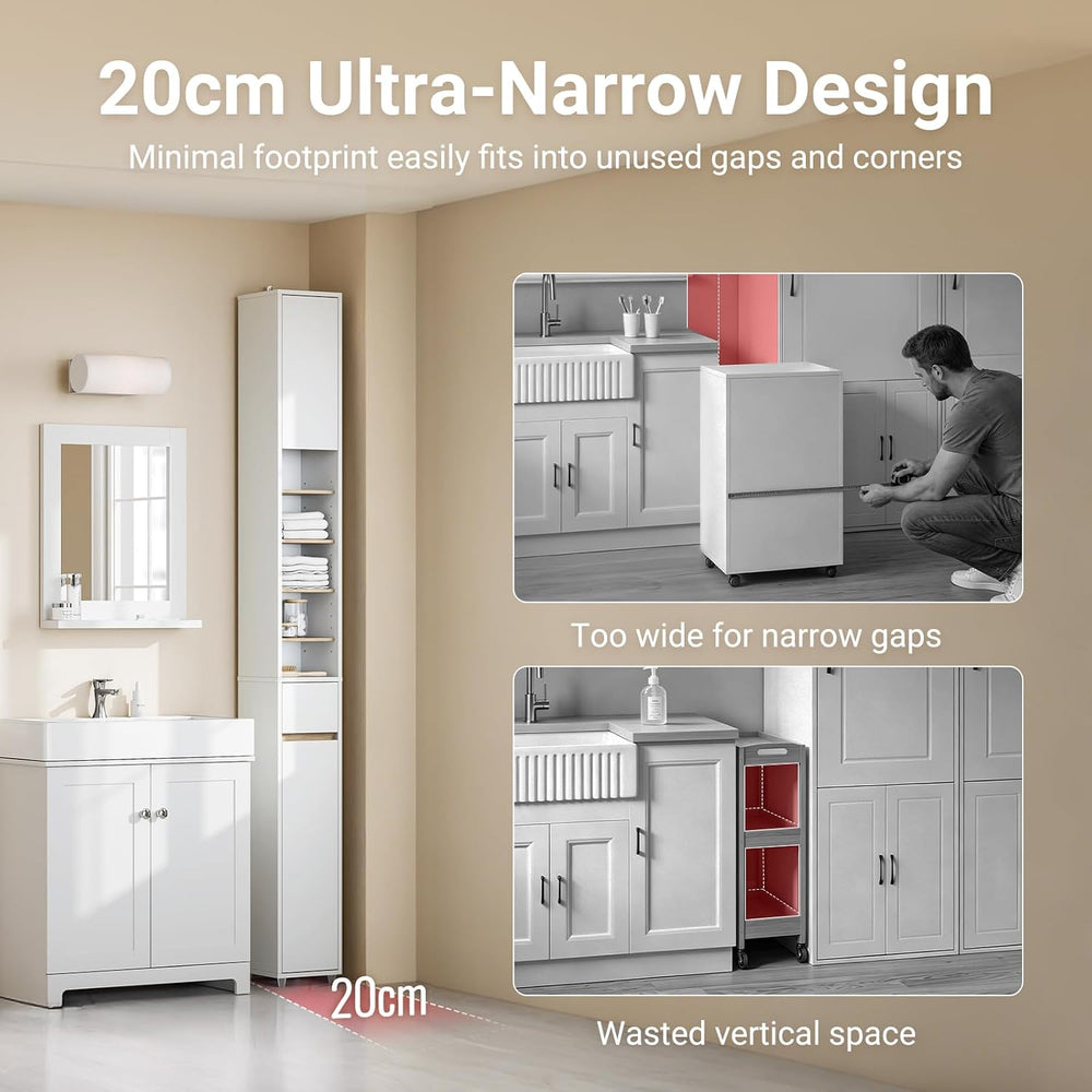 SoBuy Tall Bathroom Storage Cabinet, Narrow, White & Natural