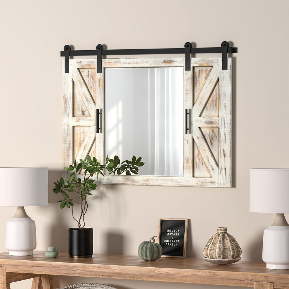 COGOOD Farmhouse Barn Door Mirror - 37" x 26" Wall Mirror Rustic White