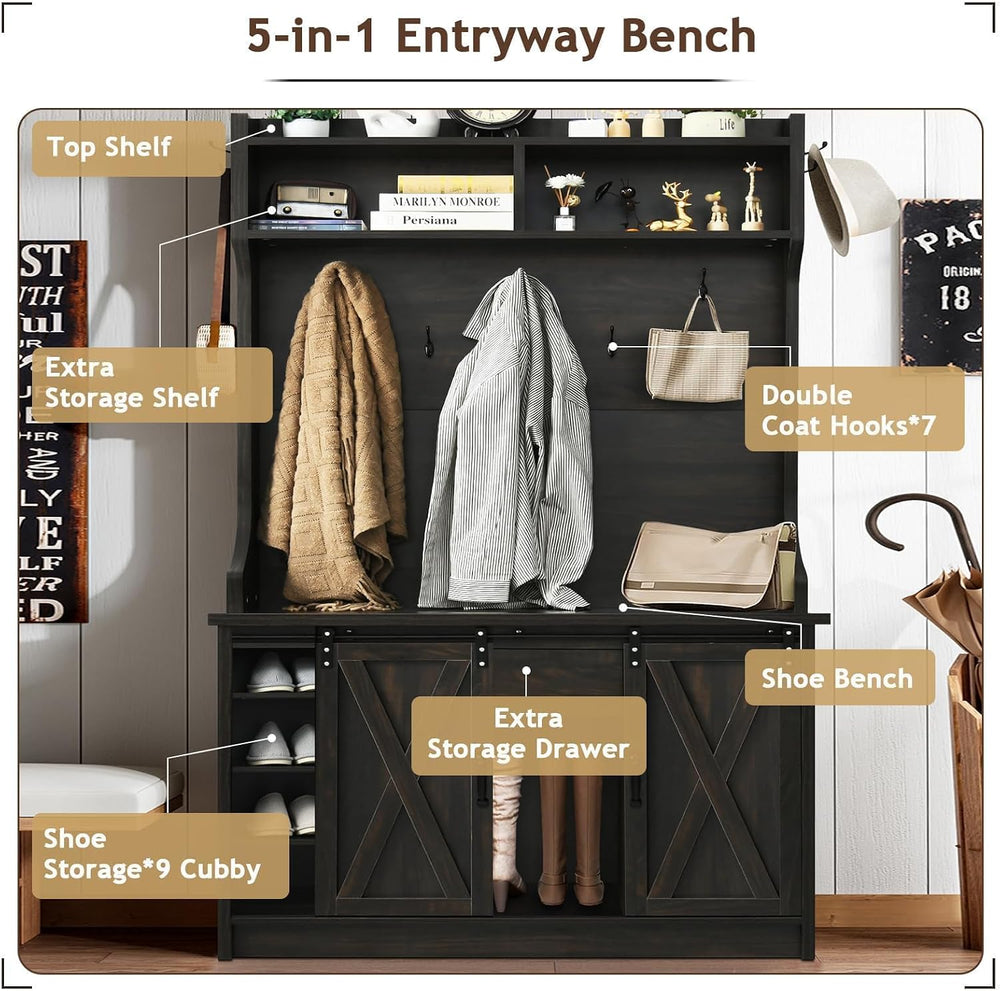 4ever2buy Farmhouse Hall Tree with Bench & Shoe Storage,Oak