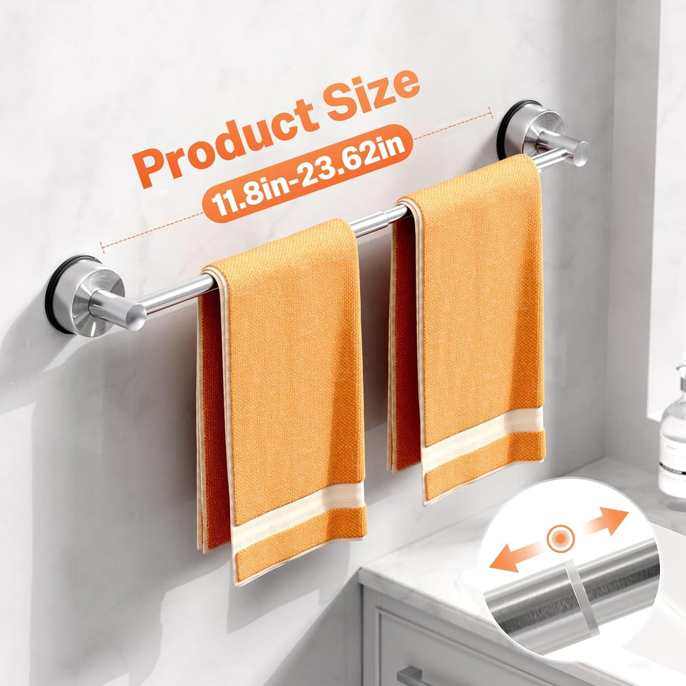 Suction Cup Towel Bar for Bathroom Wall, No-Drill Towel Rack Silver