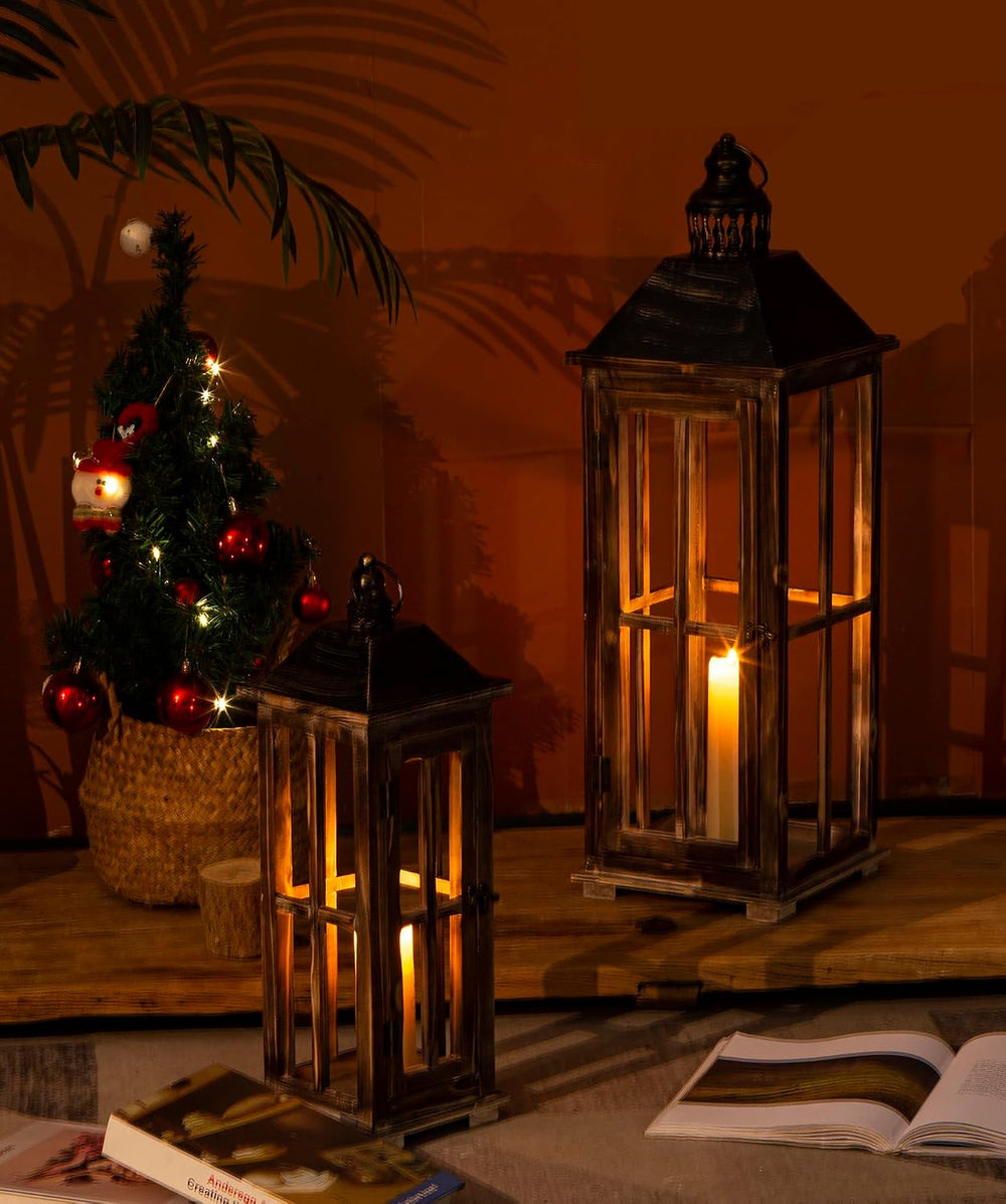 Large Farmhouse Wooden Decorative Lantern Set of 2, Rustic Distressed Brown B...