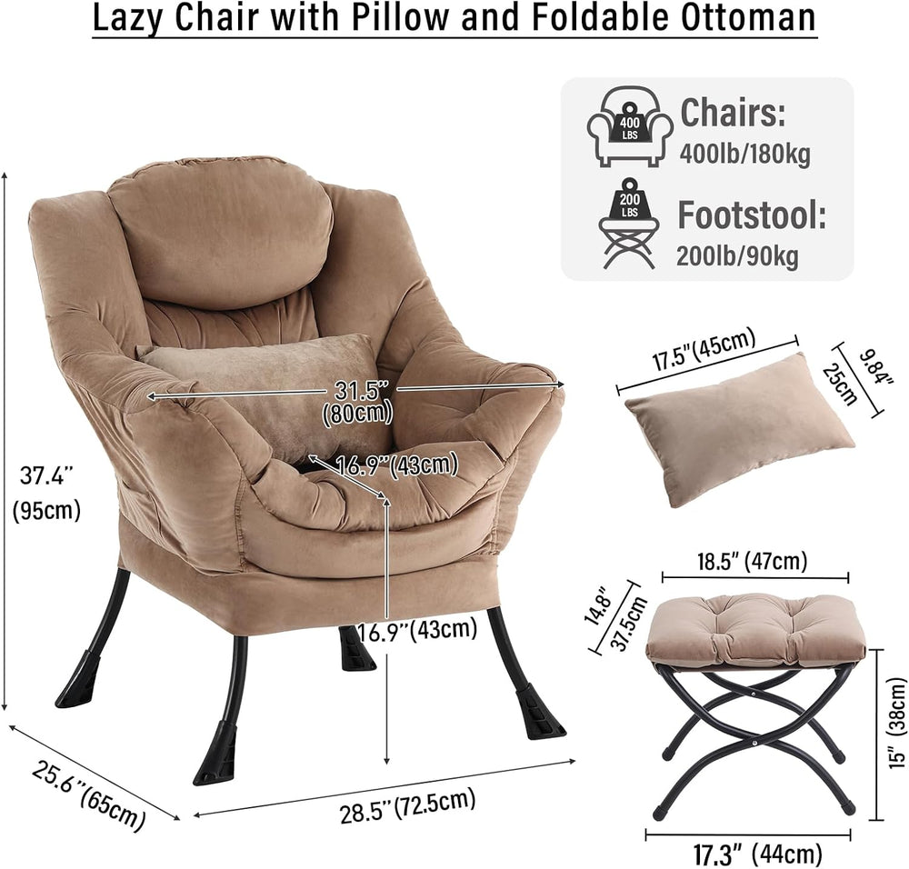 Lazy Chair with Ottoman, Comfy Chair with Pillow,Pure Khaki