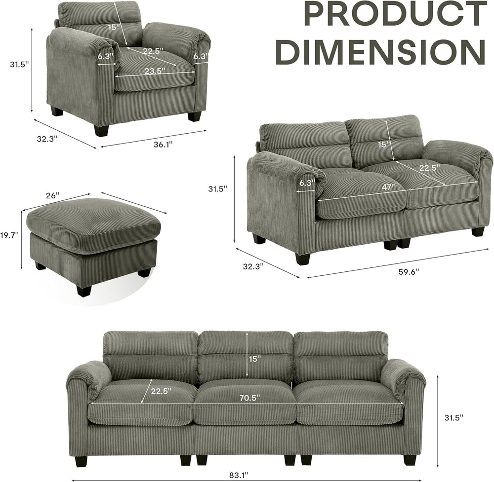 HAOMARKETS Corduroy Sofa Set, Upholstered Armchair, Loveseat, and 3-Seater Co...