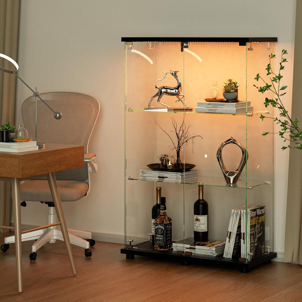 VINGLI Glass Display Cabinet with 3 Shelves, Double Doors and Lock, Floor Sta...