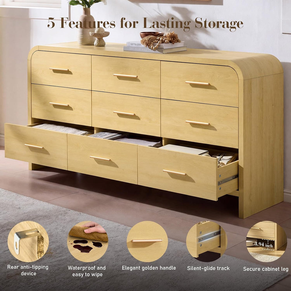 3-Piece Bedroom Set, Curved 9-Drawer Dresser&3-Drawer Nightstands