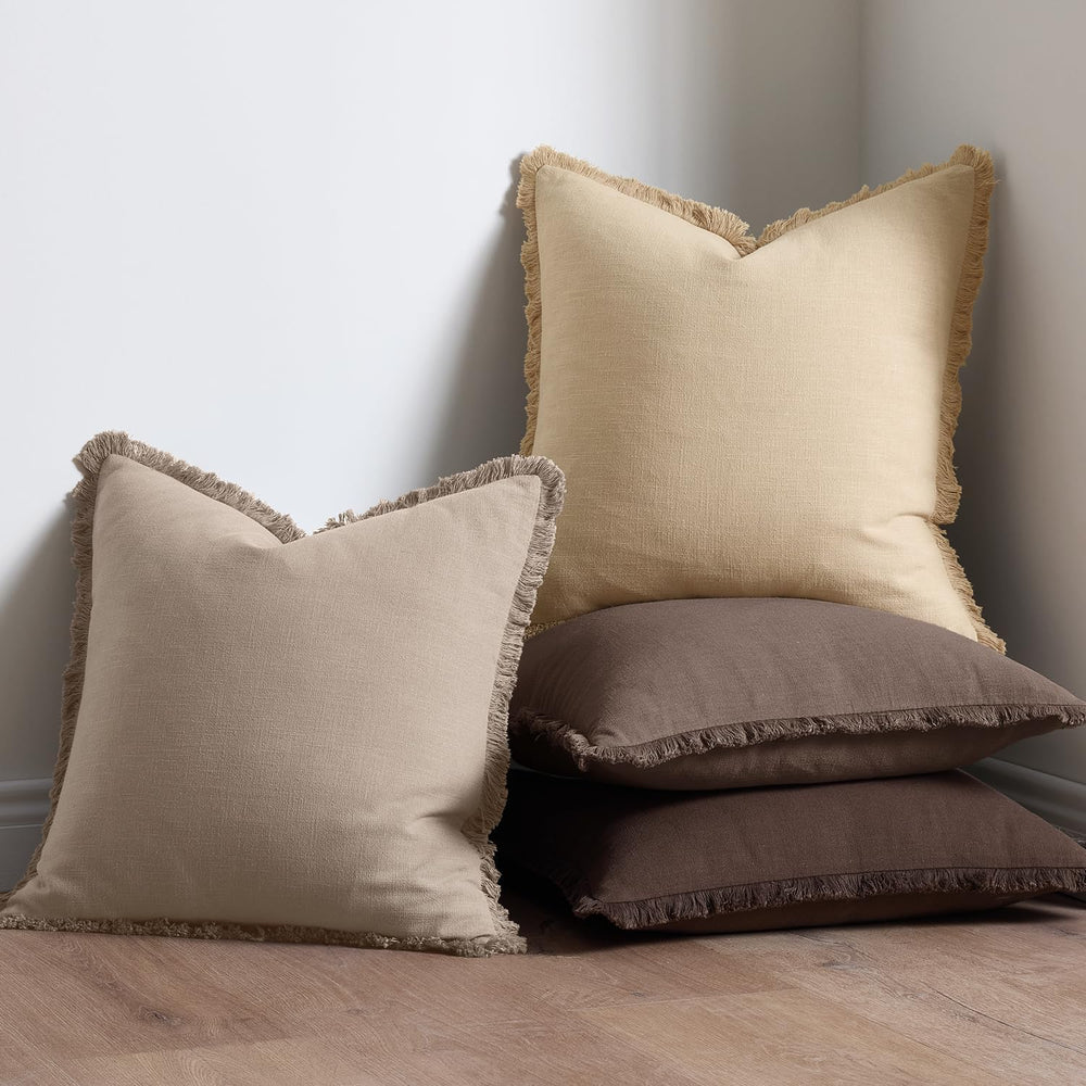 ANRODUO Decorative Linen Fringe Pillow Covers 20×20 Inch Mocha Brown 2 Pack