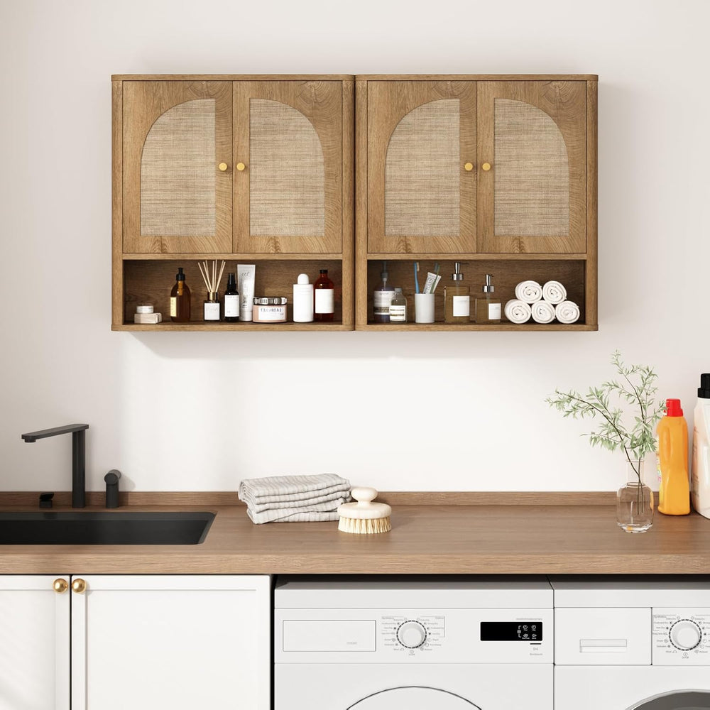 RUSTOWN Rattan Bathroom Wall Cabinet with 2 Arched Doors & Adjustable Shelf