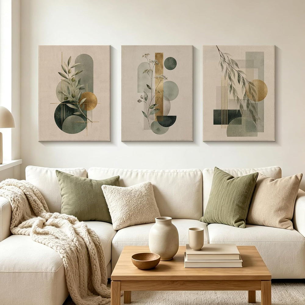 CUQQI Neutral Abstract Wall Art Set, Green Gold Canvas Prints 12x16In
