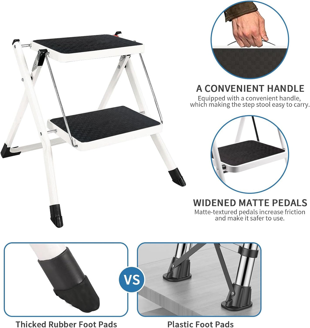 2 Step Ladder, Folding Metal Step Stool with Wide Anti-Slip Pedal