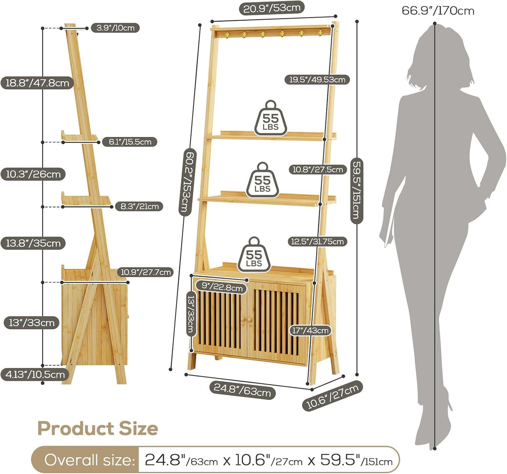 Bookshelf with Drawers, 4-Tier Bamboo Bookcase Ladder Shelf with 6 Hooks