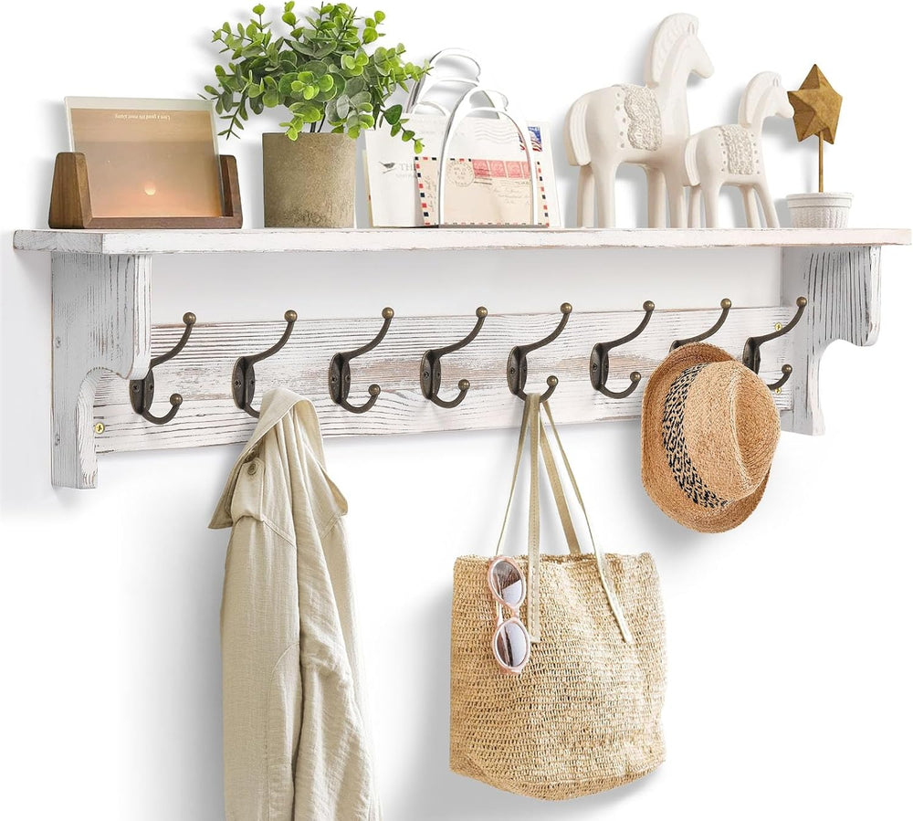 BECHAEO 35.8'' Large Wood Coat Rack Wall Mount with Shelf, White Wall...