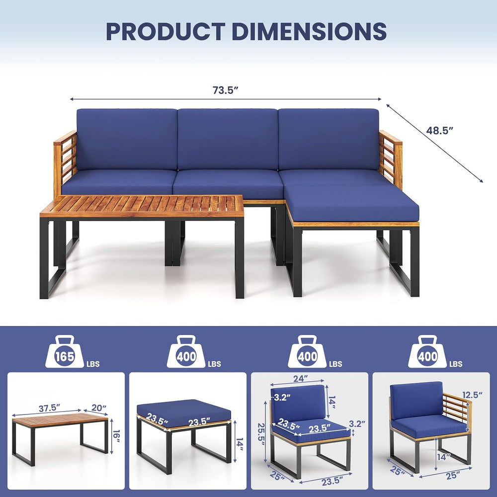 Tangkula 5 Pieces Patio Conversation Set, Acacia Wood Chair Set with Ottoman ...