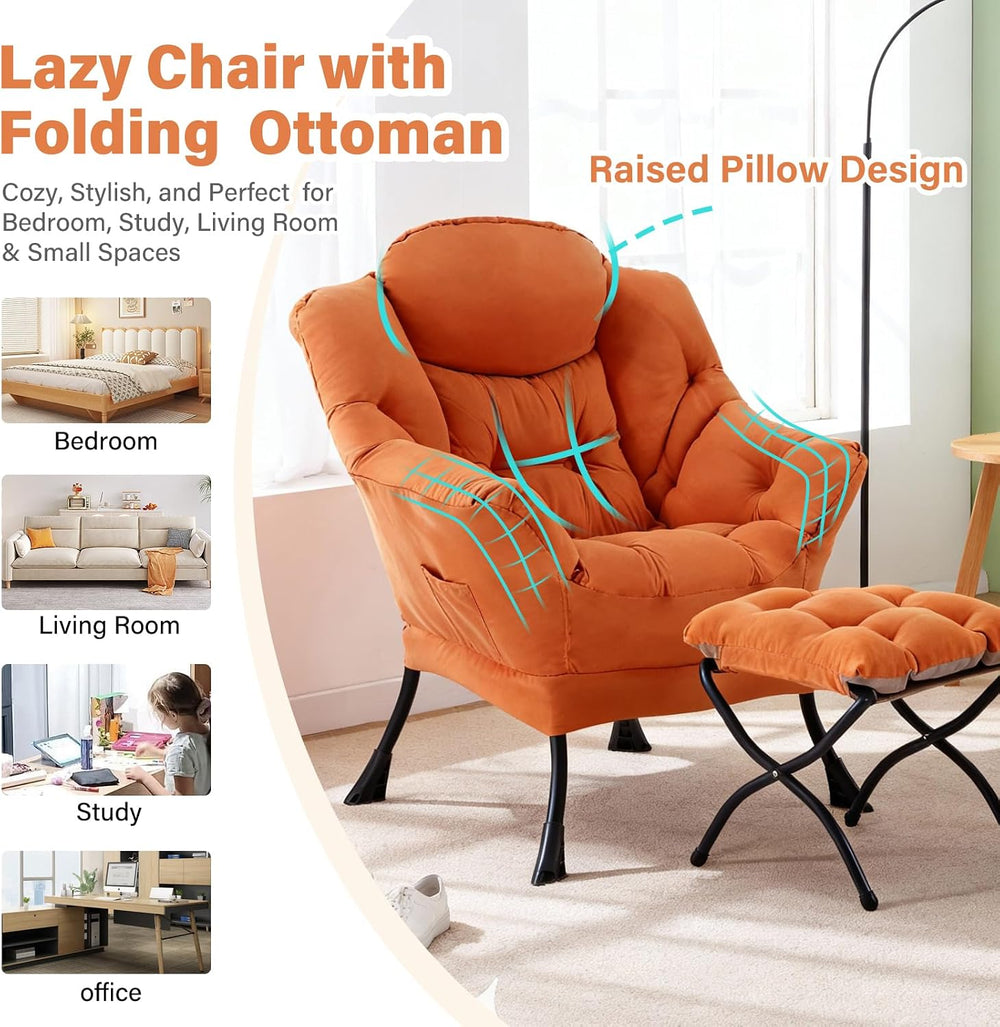 Furlide Lazy Chair with Ottoman, Soft Comfy Chair for Bedroom, Orange