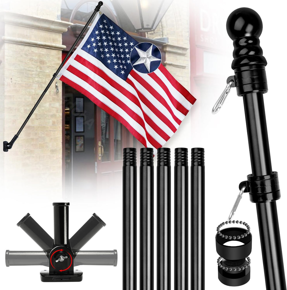 XIFAN American Flag with Pole Kit for Outside - 6FT Black Stainless Steel Fla...