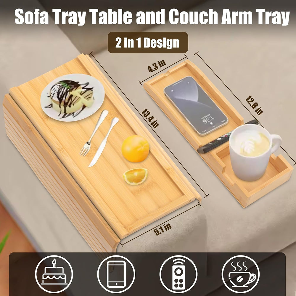 2 Pack Bamboo Couch Cup Holder, Foldable and Anti-Slip Sofa Arm Table with De...