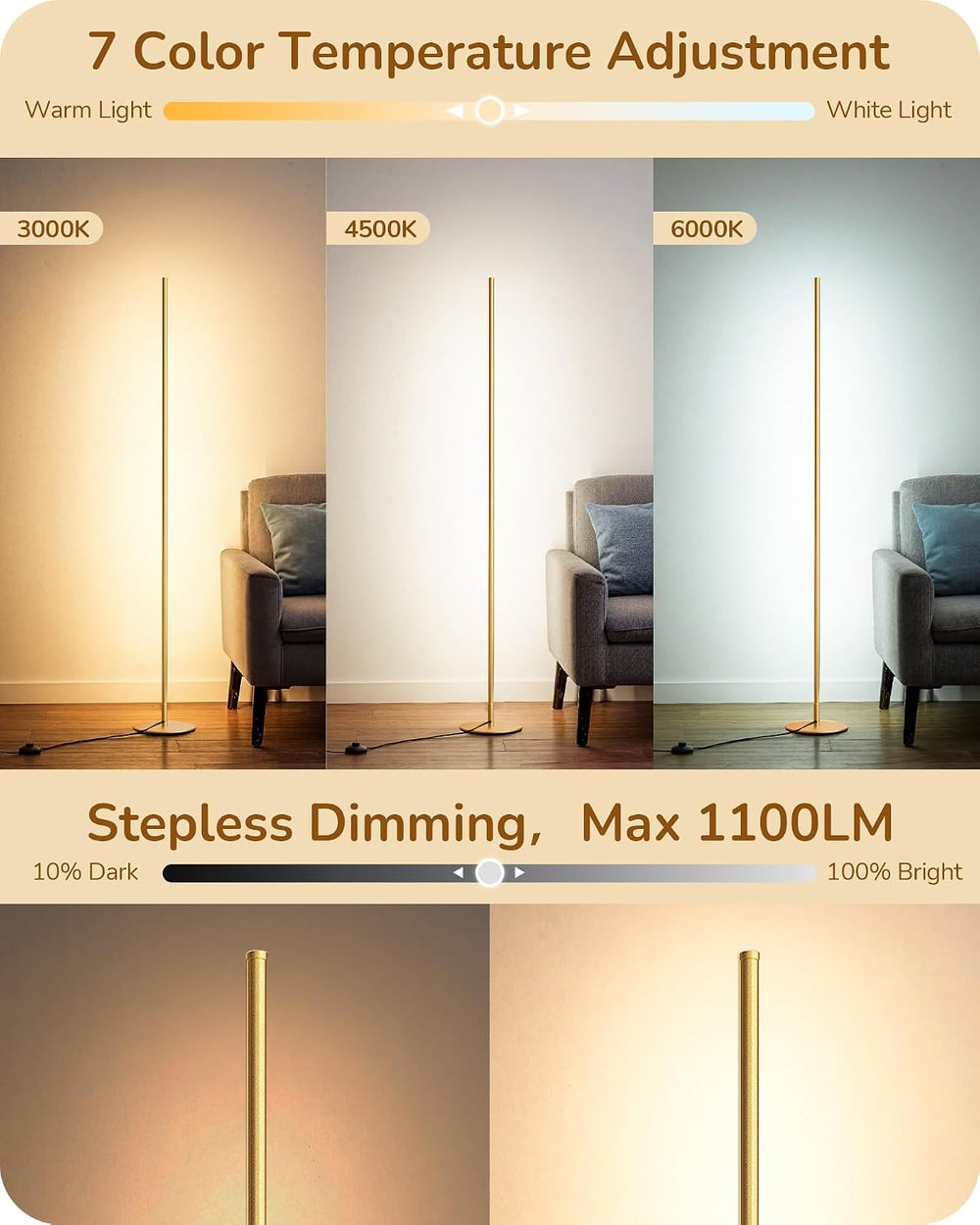 EDISHINE 57.5" Corner Lamp with Remote & Foot Switch, Dimmable &...