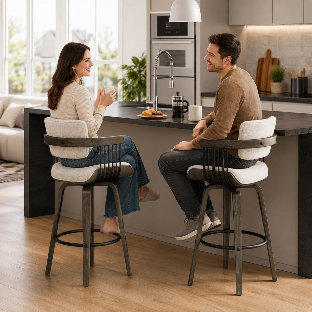 REONEY Mid Century Bar Stools Set of 3, Bentwood Frame, Light Gray Fabric