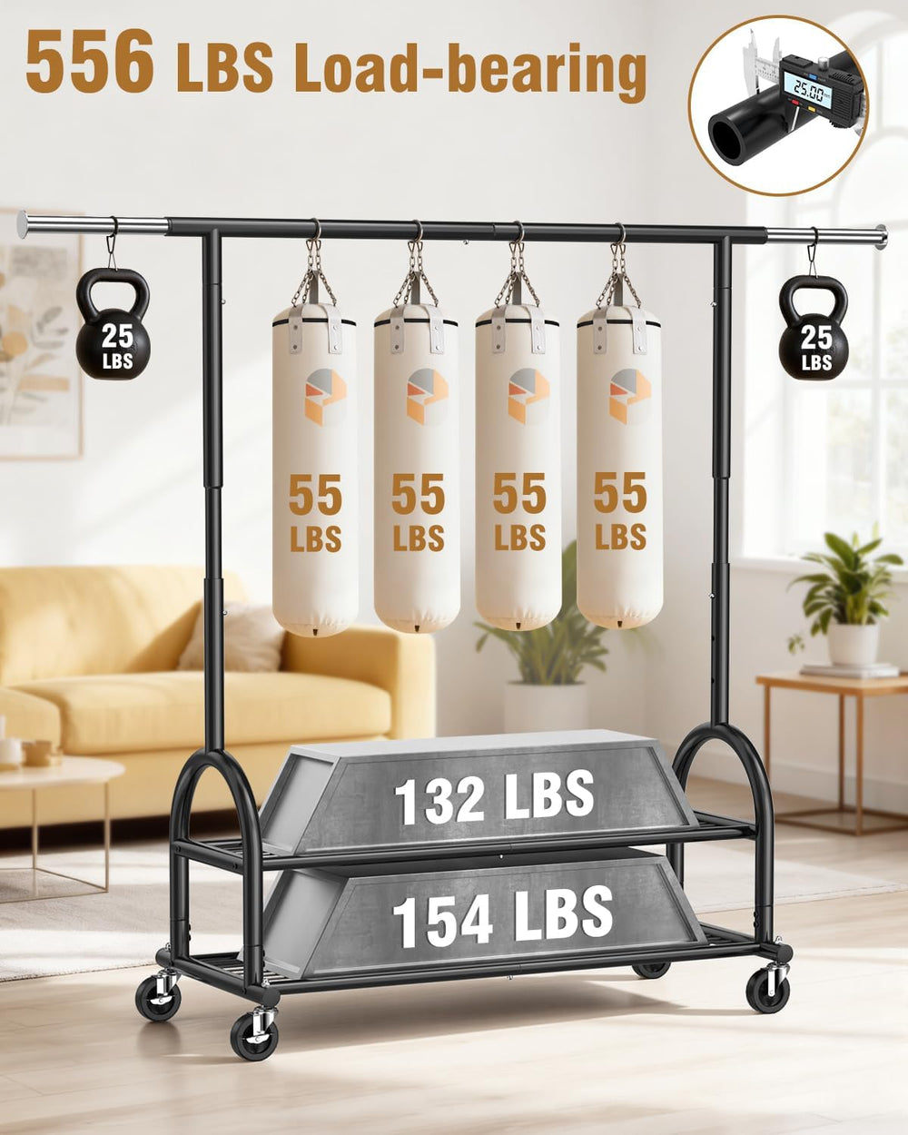 EAGMAK Rolling Clothes Rack Heavy Duty Clothing Racks with 2 Shelves, Black